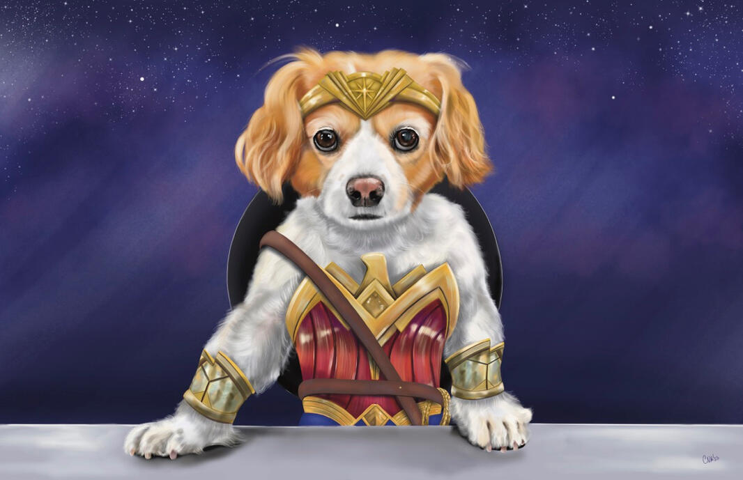 Art Commission of Dog dressed in Wonder Woman Costume 11x17 print.